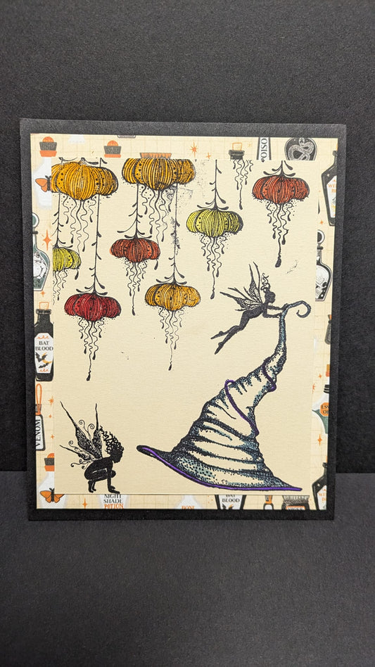 Witch hat and fairies blank greeting card 4.5" by 3.5" with envelopes