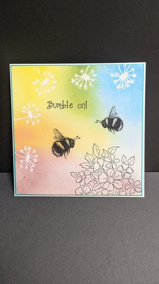 Bumble on! bumble bee blank greeting card 5.5" by 5.5" with envelopes handmade stamps rainbow