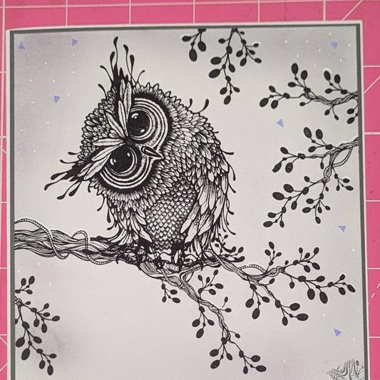 Winter Owl snow glitter blank greeting card 5.5" by 5.5" with envelopes handmade stamps Christmas Solstice greeting joyeux Noel yule tide