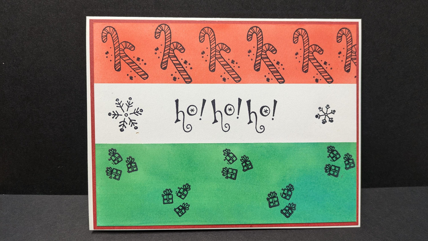 Happy Merry Christmas Santa and leaf blank greeting card 4.5" by 3.5" with envelopes handmade stamps Winter Solstice handmade stamps