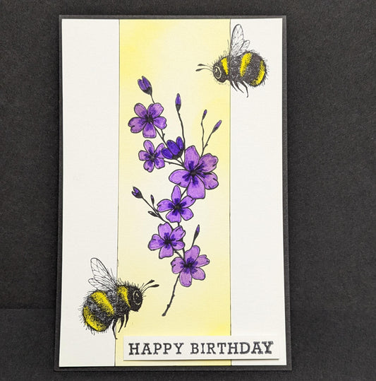 Happy Birthday Best Wishes Bumble bees floral blank greeting card 4.5" by 3.5" with envelopes  handmade stamps