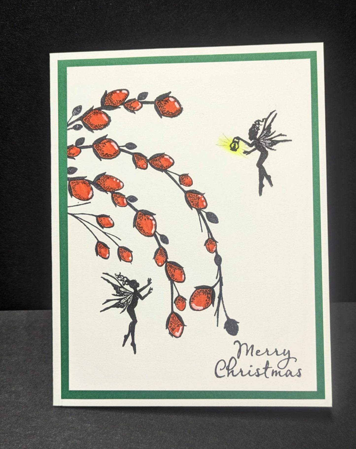 Merry Christmas fairies red green stamped floral blank greeting card 4.5" by 3.5" with envelopes  handmade stamps