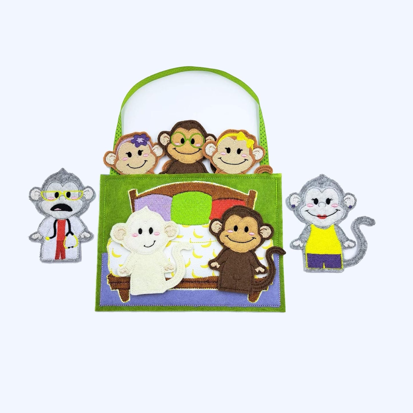 5 Little Monkeys jumping on the bed felt story finger puppets circle time stories party favours role playing dramatic play Easter Christmas