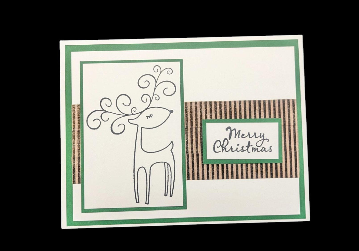 Happy Merry Christmas Deer green brown stripes blank greeting card 4.5" by 3.5" with envelopes handmade stamps Winter Solstice handmade